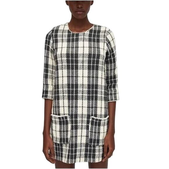 Zara Trafaluc Plaid Tweed Boucle Dress Pocket Black & White Classic Modern Retro - Picture 2 of 7